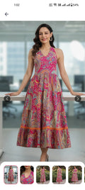 White Paisley Printed Pure Cotton Tiered Fit & Flare Midi Ethnic Dress